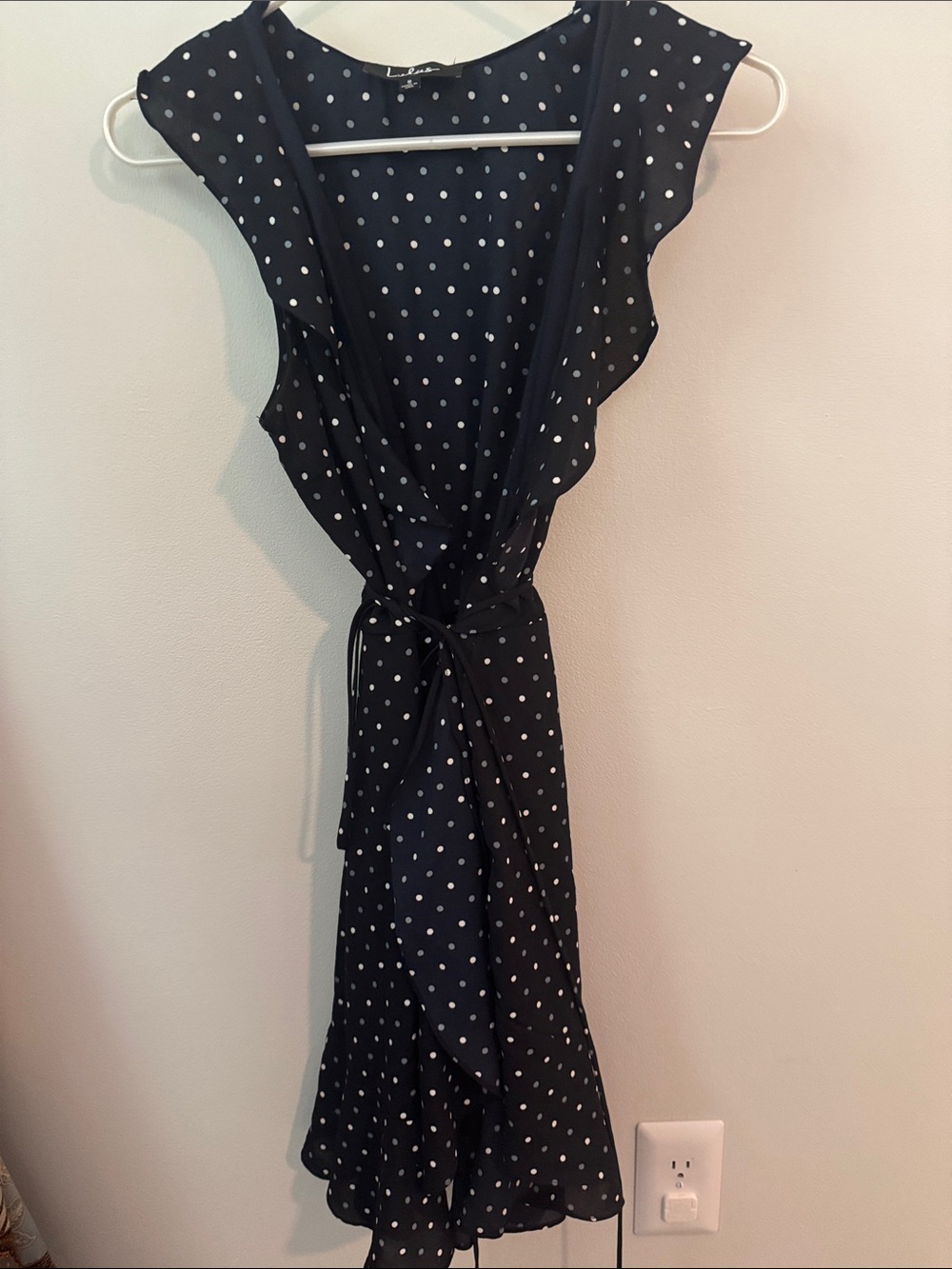 Navy Polka Dot Wrap Dress with Tie Waist size small